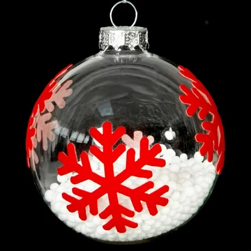 Átlátszó üvegből készült karácsonyfadísz, piros hópehely motívummal, műhóval töltve 8 cm Átlátszó üvegből készült karácsonyfadísz, piros hópehely motívummal, műhóval töltve 8 cm
