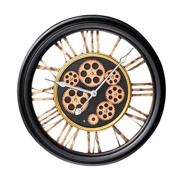 Dekorációs óra - falióra, mozgó mechanizmus, vas és üveg, fekete színben Dekorációs óra - falióra, mozgó mechanizmus, vas és üveg, fekete színben