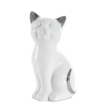 Macska dekoratív kerámia figura, fehér és ezüst Macska dekoratív kerámia figura, fehér és ezüst