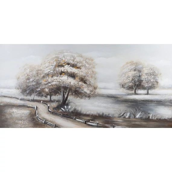 581B táj festmény, szürke, vászon, fa, festék