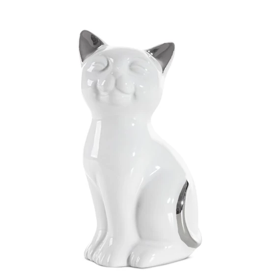 Macska dekoratív kerámia figura, fehér és ezüst Macska dekoratív kerámia figura, fehér és ezüst