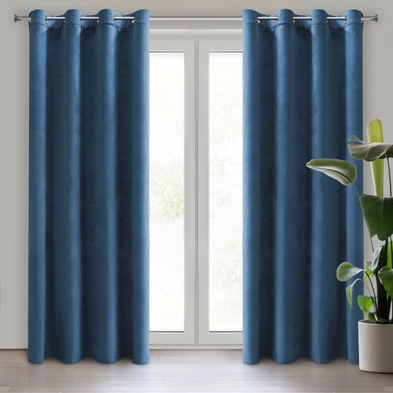 D91 Rosa függöny, késztermék, velúr anyag, sötétkék szín, 100% poliészter