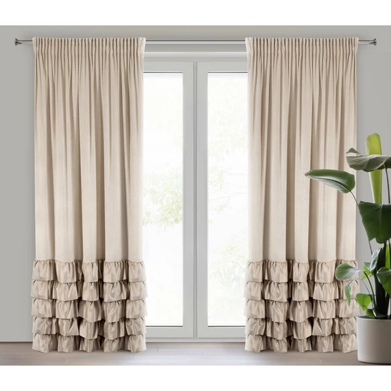 Beige kész függöny 100% poliészter elegáns fodrokkal