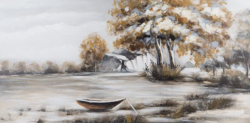 581A táj festmény, szürke, vászon, fa, festék