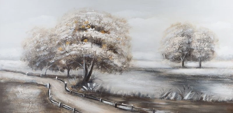 581B táj festmény, szürke, vászon, fa, festék