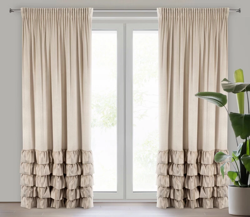 Beige kész függöny 100% poliészter elegáns fodrokkal